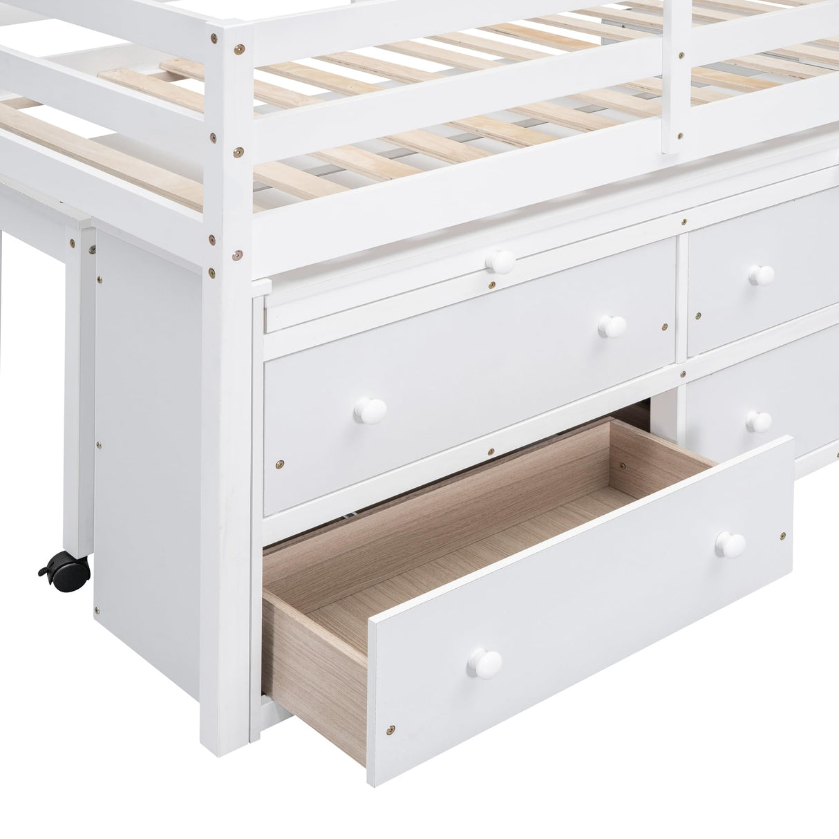 Kids Twin Size Low Loft Bed with Storage, Twin Size Loft Bed with Portable Desk and 4 Drawers, Wood Twin Loft Bed with Shelves, Modern Farmhouse Junior Loft Bed for Kids Boys Girls, White Harper & Bright Designs