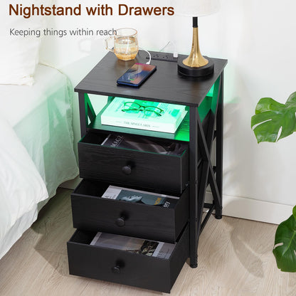 AMHANCIBLE Night Stand Set 2, LED Nightstand with Charging Station, End Side Tables with USB Port & Outlet, Bedside Table with Fabric Drawers for Bedroom Living Room, Black, HET053LBK - WoodArtSupply