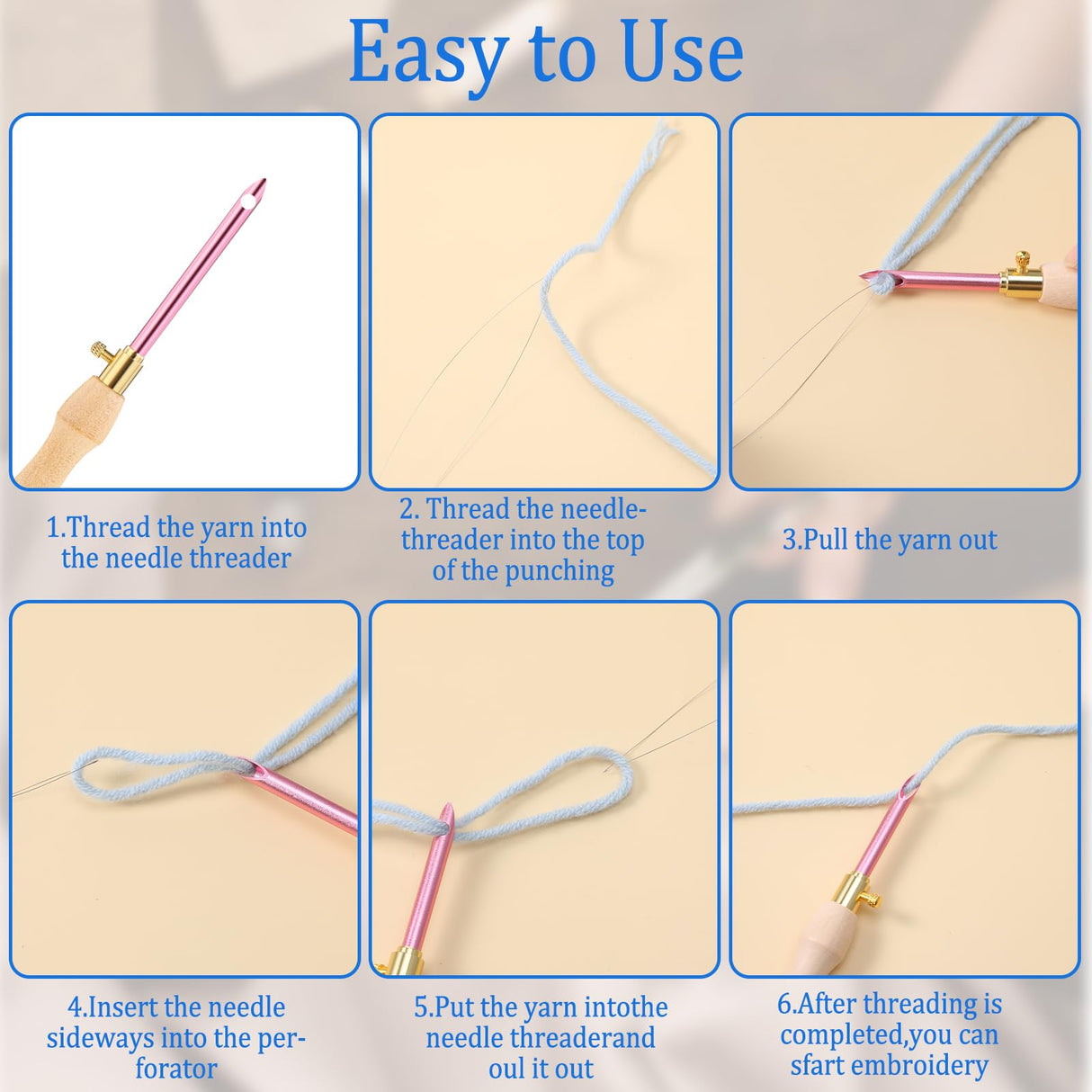 COMNICO 10 Pcs Punch Needle Kit, Punch Embroidery Kit Adjustable Punch Needle Tool with 7 Sizes Needle Heads Sewing Art Needle Tool Wooden Handle Embroidery Pen for Flossing Cross Stitch DIY Craft COMNICO