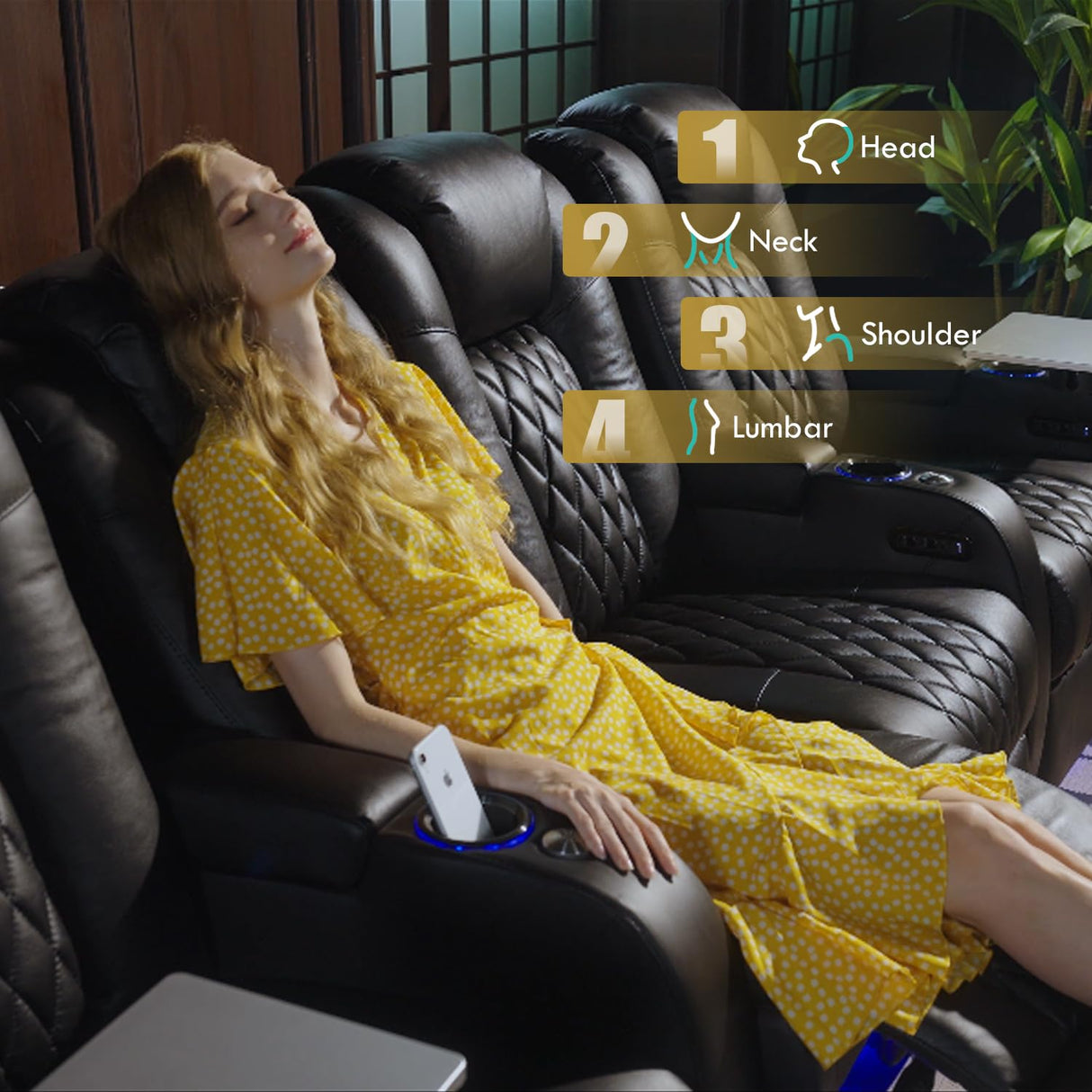 Weilianda Home Theater Seating Top Grain Leather Zero Gravity Recliner Chair Power Headrest Recline Movie Seat Gaming 7 Colors Mood Light Sofa with Tray Table USB Charge Row of 3 Loveseat Right Black Weilianda