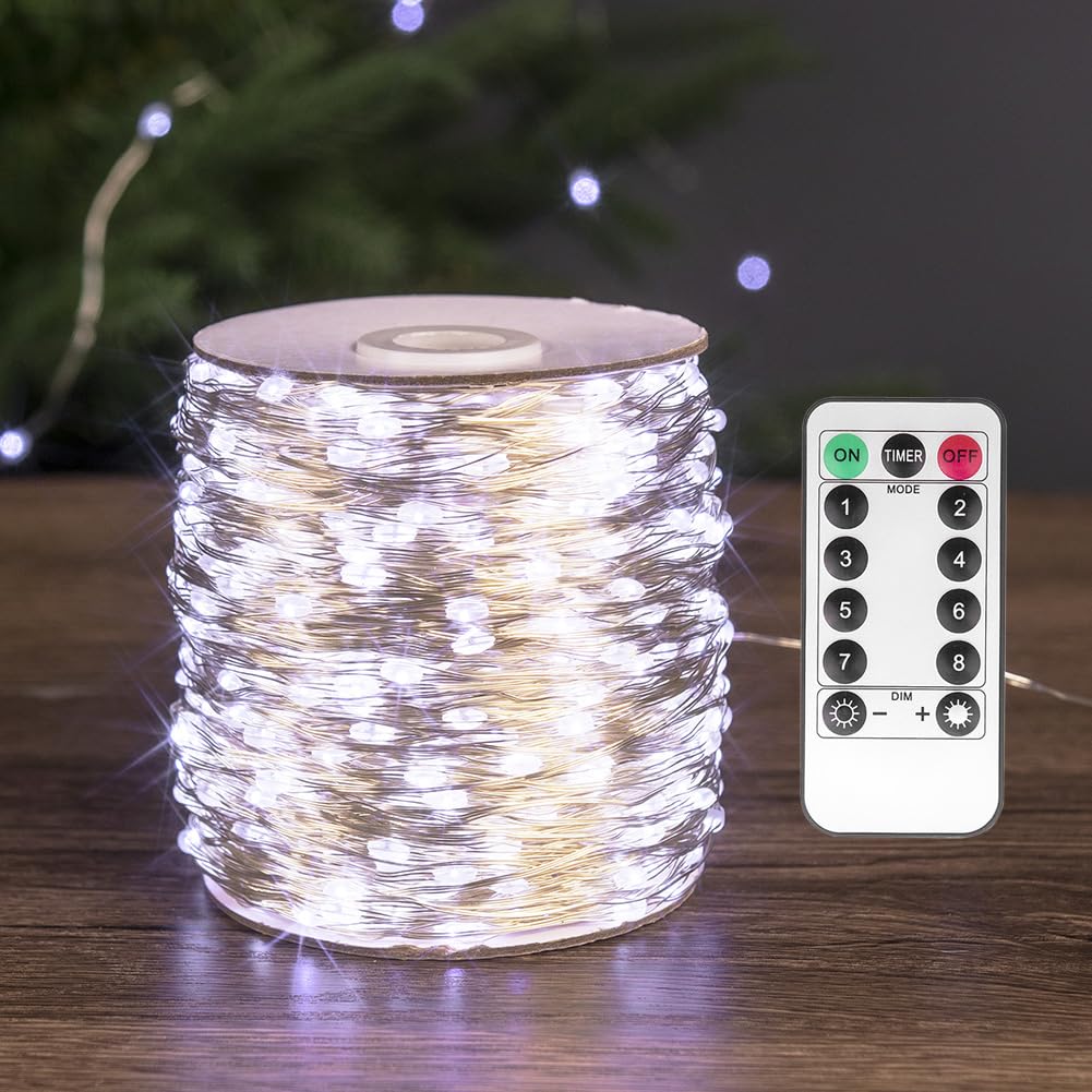 PCORES 328FT Long Fairy Lights 1000 LED Cool White Silver Wire Remote Control Indoor Outdoor Plug in String Lights for Bedroom Living Room Patio Porch Garden Christmas Tree