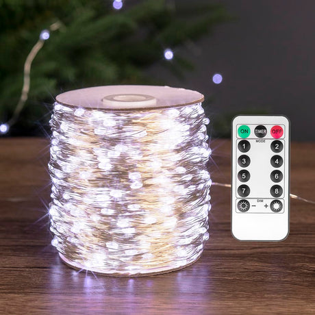 PCORES 328FT Long Fairy Lights 1000 LED Cool White Silver Wire Remote Control Indoor Outdoor Plug in String Lights for Bedroom Living Room Patio Porch Garden Christmas Tree PCORES