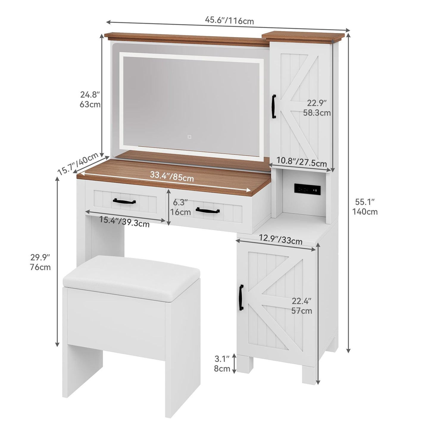 YITAHOME Farmhouse Vanity, Makeup Desk with Adjustable Lighted Mirror, Charging Station, Drawers, Cabinets, and Adjustable Shelves, Modern Vanity Desk with Stool - WoodArtSupply