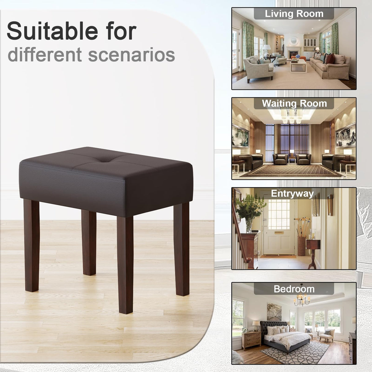 EOSVALO Leather Vanity Stool, 20 Inch Wide Rectangle Ottoman Bench for Makeup Room, Vanity Chair with Wood Legs for Piano Room, Bedroom,Living Room with Customizable (Cherry) EOSVALO