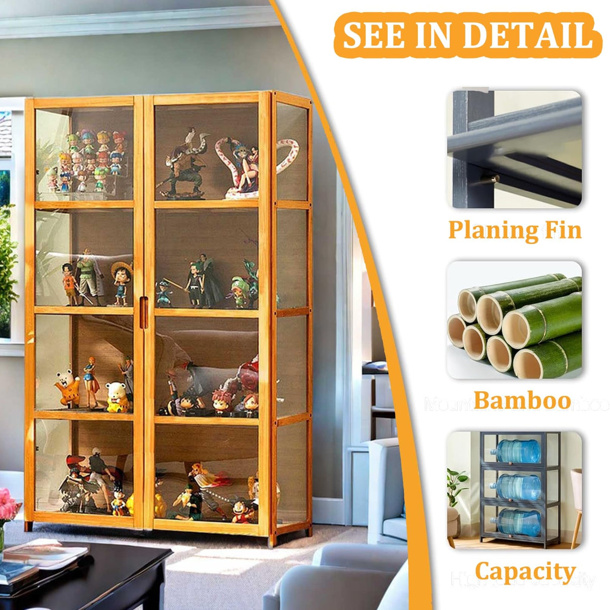 4-Tier Curio Cabinets with Acrylic Doors 51in Display Cabinet Natural Bamboo Frame,Safe and Healthy,Double Door Design for Convenient Storage,Sealed Dustproof,Easy to Clean,Brown,32 * 13 * 51in Generic