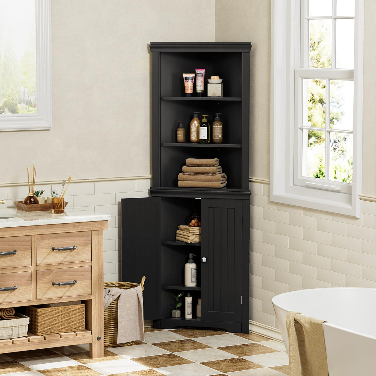 YESHOMY Corner Cabinet,Storage Cupboard with Doors,Tall Storage Cabinet with Adjustable Shelves, for Living Room,Bathroom,Kitchen,Dark Black YESHOMY