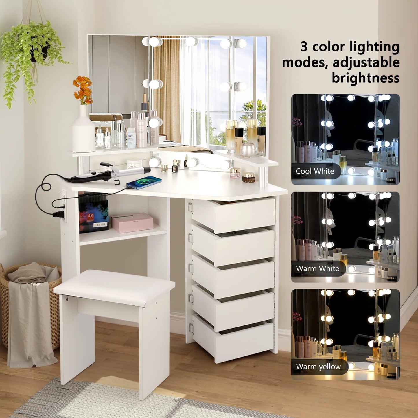 VOWNER Vanity with Lights - Makeup Vanity Desk with Power Outlet, 3 Color Lighting Options Brightness Adjustable, Vanity Table with 5 Rotating Drawers, Shelves and Stool for Bedroom, White