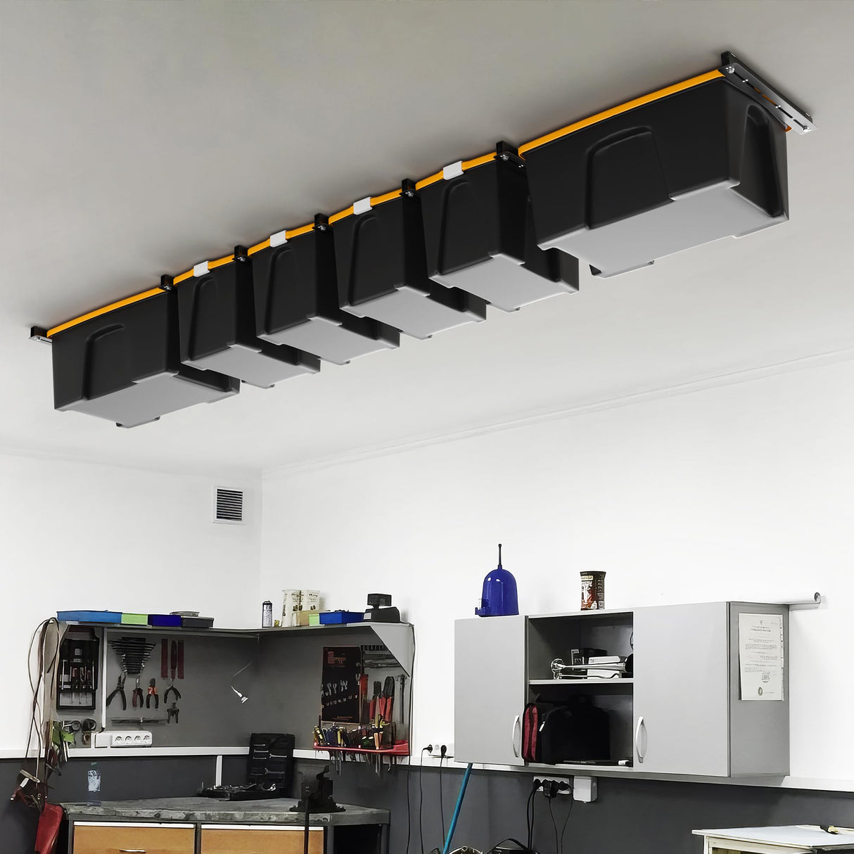 Ultrawall Overhead Garage Storage Rack, Heavy Duty Ceiling Storage Rack, 26 Inch Adjustable Ceiling Bin Storage System, 7 Sets for 6 Bins Ultrawall