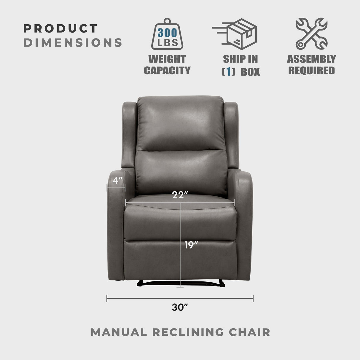 Lexicon Manual Recliner Chair, Reclining Sofa Chair, Home Theater Seating, Wall Hugger, Manual Recliner for Living Room/Office/Apartment, Easy Assembly, Gray Faux Leather Lexicon