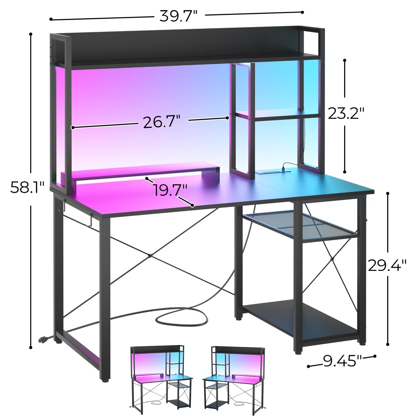 Cyclysio Gaming Desk with Hutch, 39'' Computer Desk with LED Lights & Power Outlets, Home Office Desk with Reversible 5 Tiers Storage Shelves & Monitor Stand, Small Gaming Table for Small Spa - WoodArtSupply