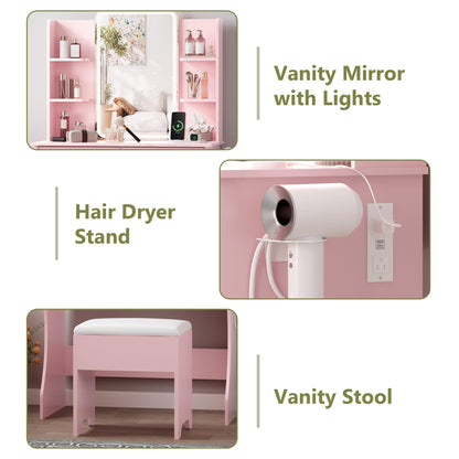 Small Vanity Desk with Mirror and Lights, Makeup Vanity with LED Lights, Pink Vanity Mirror with Lights Desk and Chair, 3 Lighting Adjustable Compact Vanity Mirror with Lights for Women, Girls