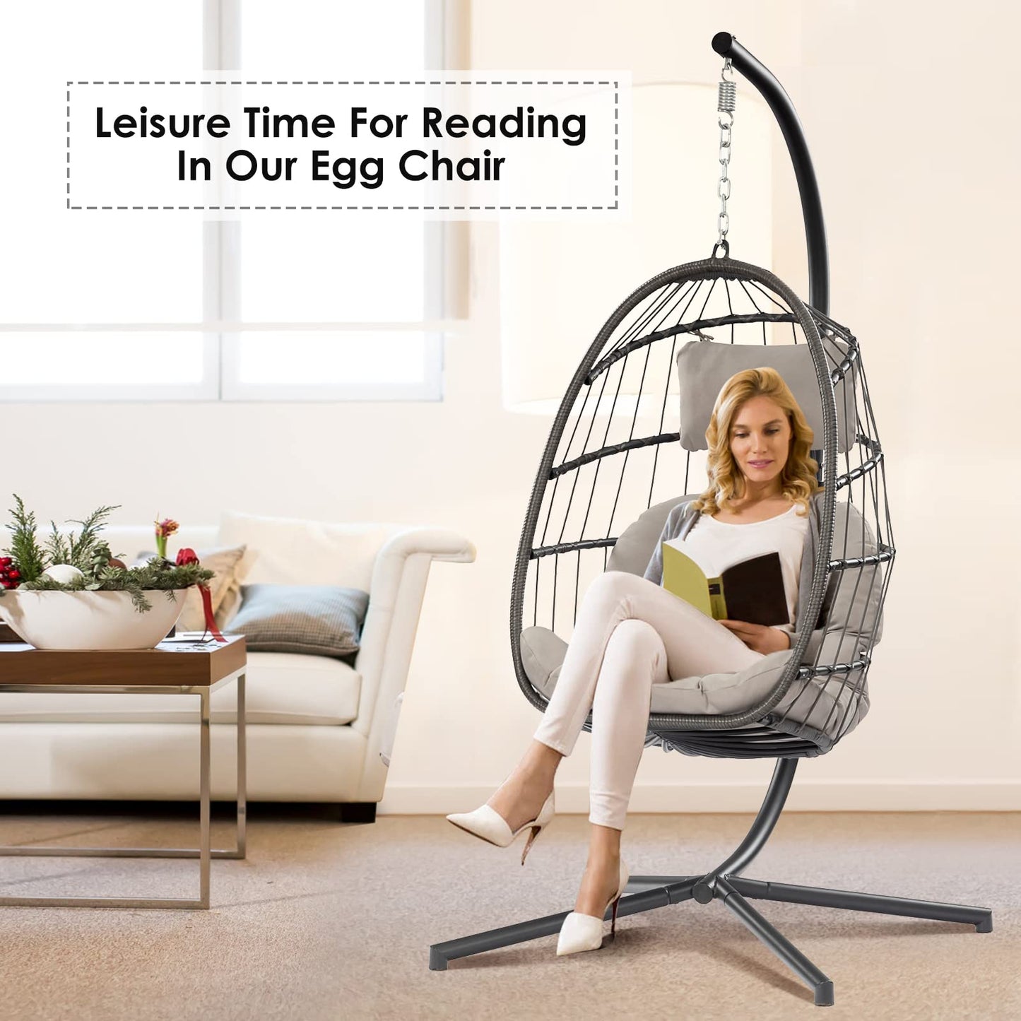 Egg Swing Chair with Stand Hanging Egg Chair Outdoor - Rattan Wicker Patio Hanging Basket Chair Hammock Chair with Aluminum Steel Frame and UV Resistant Cushion for Indoor Bedroom Balcony (Gr - WoodArtSupply