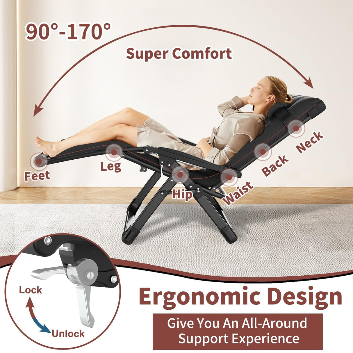 Oversized Zero Gravity Chair with Cushion XXL, 33In Padded Lounge Chair, Recliner Camping Chair W/Full-Alu Alloy Lock, Cushion, Storage Bag, Footrest, Cup Holder, Folding Chair Support 500lbs, Black YOMIFUN