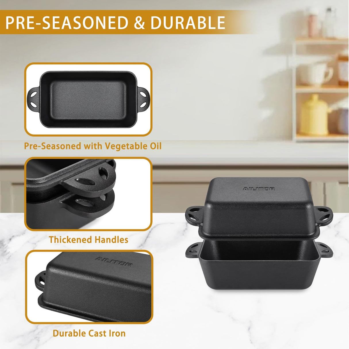 AILITOR Cast Iron Loaf Pan with Lid 9x5 Inch - Bread Baking Pans for Homemade Bread, Set of 2 AILITOR