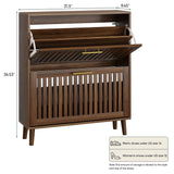 Smart FENDEE Shoe Cabinet with 2 Flip Louvered Drawers, Wooden Shoe Storage Cabinet with Gold Handle, Mid-Century Modern Freestanding Shoe Organizer Cabinet for Entryway, Hallway, Walnut, 31.5" W Smart FENDEE