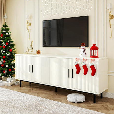 MUUEGM 70" Fluted tv Stand with Storage for Living Room, Entertainment Center Modern TV Stand for TV Up to 80 Inch, Television Media Console Table with Fluted Door and Adjustable Shelf, White MUUEGM