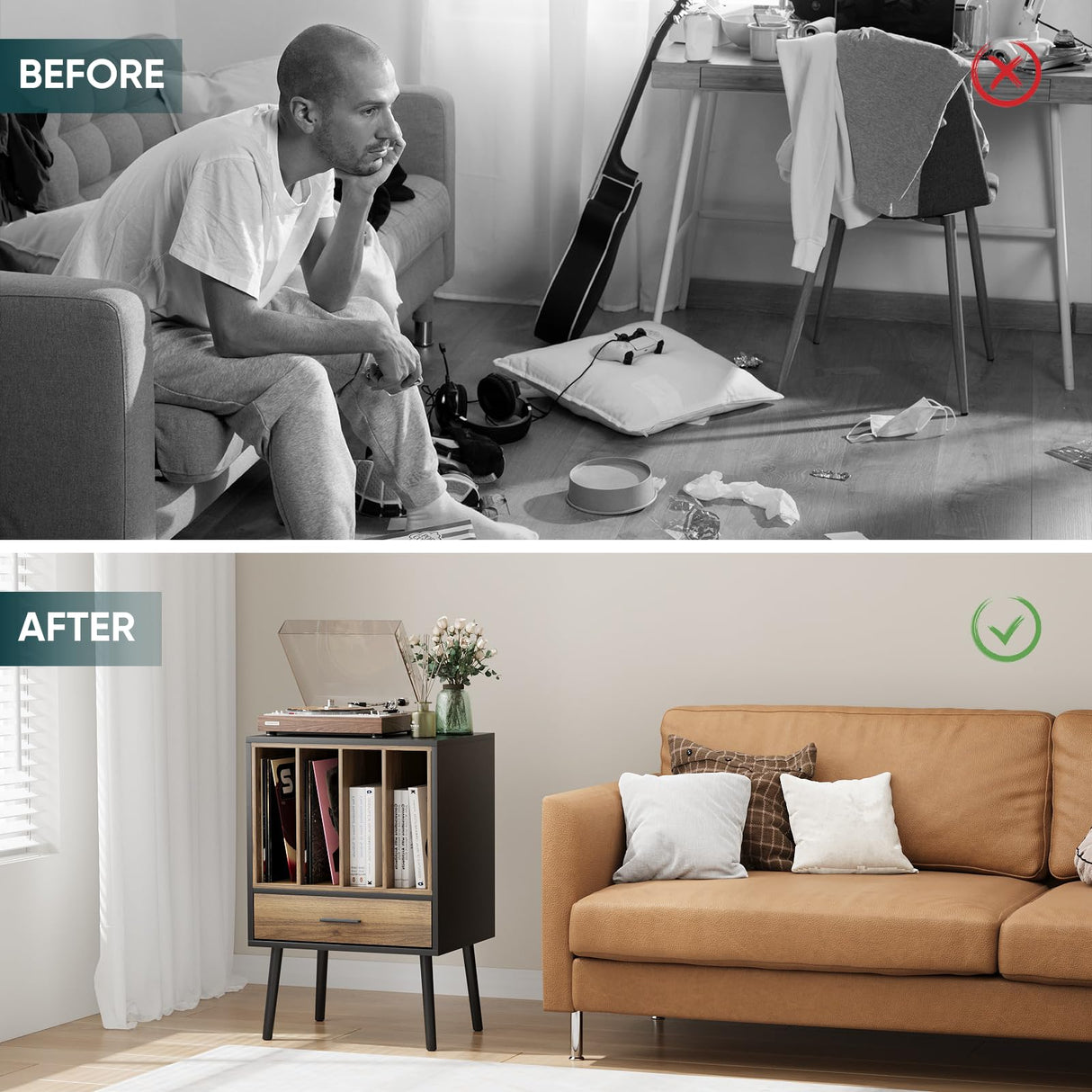 Record Player Stand with Vinyl Record Storage, Turntable Stand with Storage Cabinet Holds up to 180 Albums, Mid-Century Vinyl Holder Storage Shelf for Living Room Bedroom Office Morwdxef