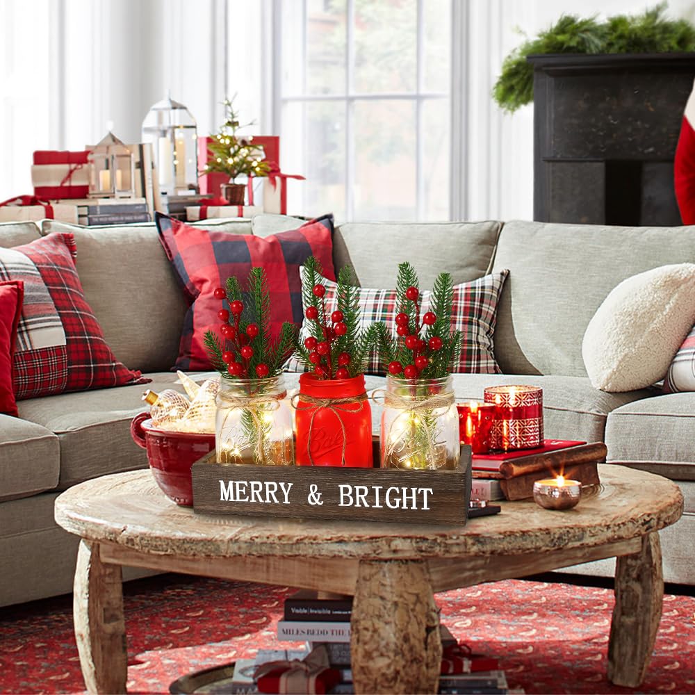 DIYDEC 3PCS Christmas Mason Jars 3*5Inch lighting Painted Xmas Tiered Tray Decorative Jars with Wood Tray &Artificial Flowers Wishing Bottles for Winter Holiday Home Table Centerpiece Decor Gift (Red) DIYDEC
