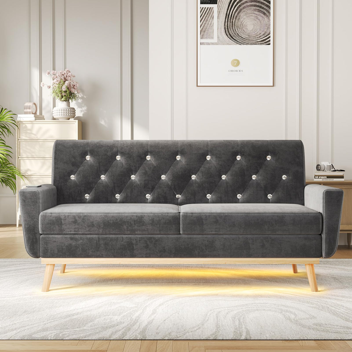 Fameill 65" Loveseat Sofa Couch, Mid Century Modern Love Seat Small Couch with Soft Cushion, LED Light, Crystal Button Tufted, Upholstered Comfy Small Couch for Living Room, Bedroom Fameill