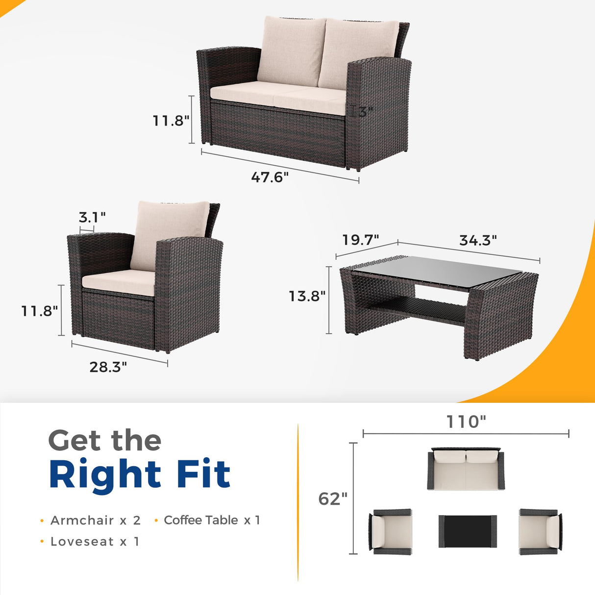 Wisteria Lane 4 Piece Outdoor Patio Furniture Sets, Wicker Conversation Set for Porch Deck, Brown Rattan Sofa Chair with Cushion Wisteria Lane