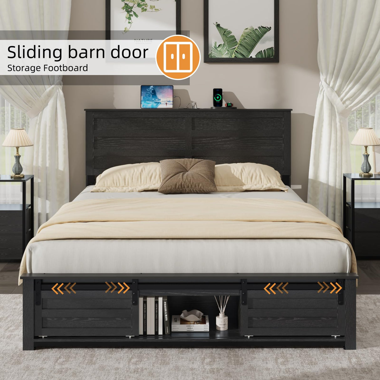 Full Bed Frame with Storage Headboard, Metal Platform Bed Frame with 3 Storage Compartments, Built-in Charging Station and LED Lights, No Box Spring Required, Noiseless, Easy Assembly，Antique Black QNICE