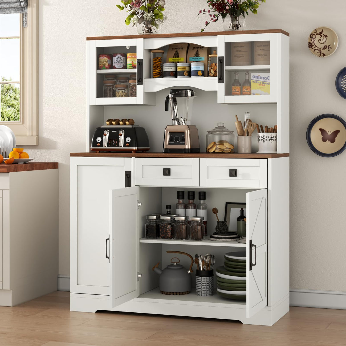 60" Tall Farmhouse Kitchen Pantry Storage Cabinet,Kitchen Hutch with Microwave Stand,Freestanding Buffet Pantry Cabinet with Glass Door and Adjustable Shelves for Dining Room (White) Gyfimoie