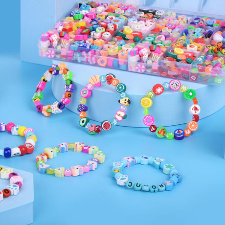 1000PCS Polymer Clay Beads Bracelet Making kit, 24 Style Cute Fun Beads Fruit Flower Animal Cake Butterfly Heart Beads Charms for Jewelry Necklace Earring Making DIY Accessories for Women Girls BBita