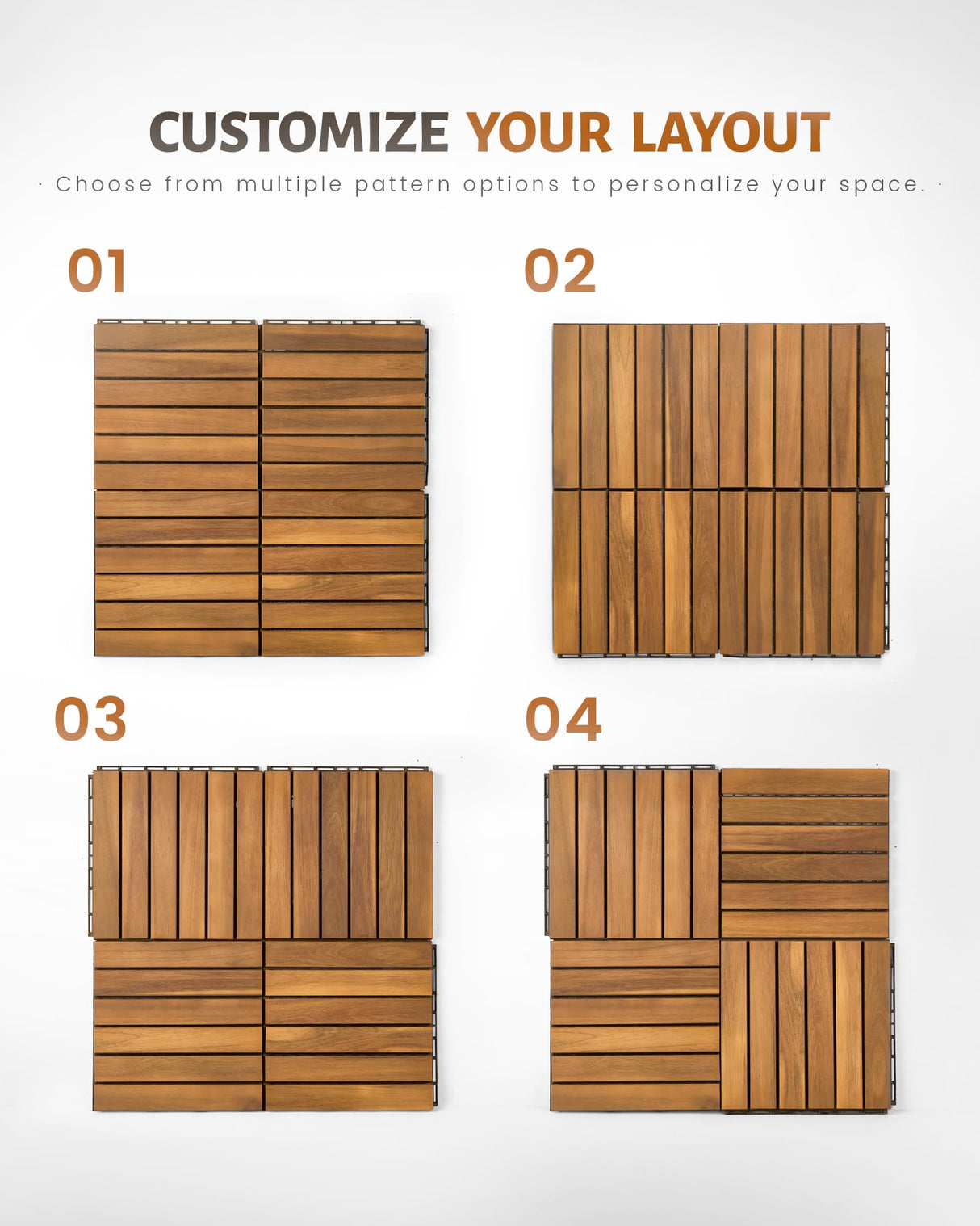 Upolana 9 PCS Interlocking Deck Tiles 12" x 12", 6 Slats Outdoor Flooring Acacia Wood Patio Tiles, Waterproof Patio Flooring Decking for Balcony Backyard, Indoor and Outdoor Use Upolana