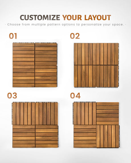 Upolana 9 PCS Interlocking Deck Tiles 12" x 12", 6 Slats Outdoor Flooring Acacia Wood Patio Tiles, Waterproof Patio Flooring Decking for Balcony Backyard, Indoor and Outdoor Use Upolana