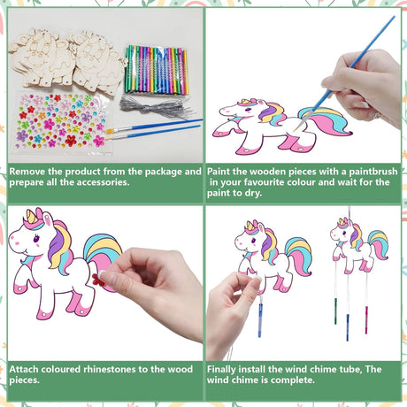 CRASPIRE 16 Pack DIY Wind Chime Kits Unicorn Make Your Own Wind Chime Coloring Wooden Easter Craft for DIY Crafts Activity Birthday Christmas Summer Party Decoration CRASPIRE