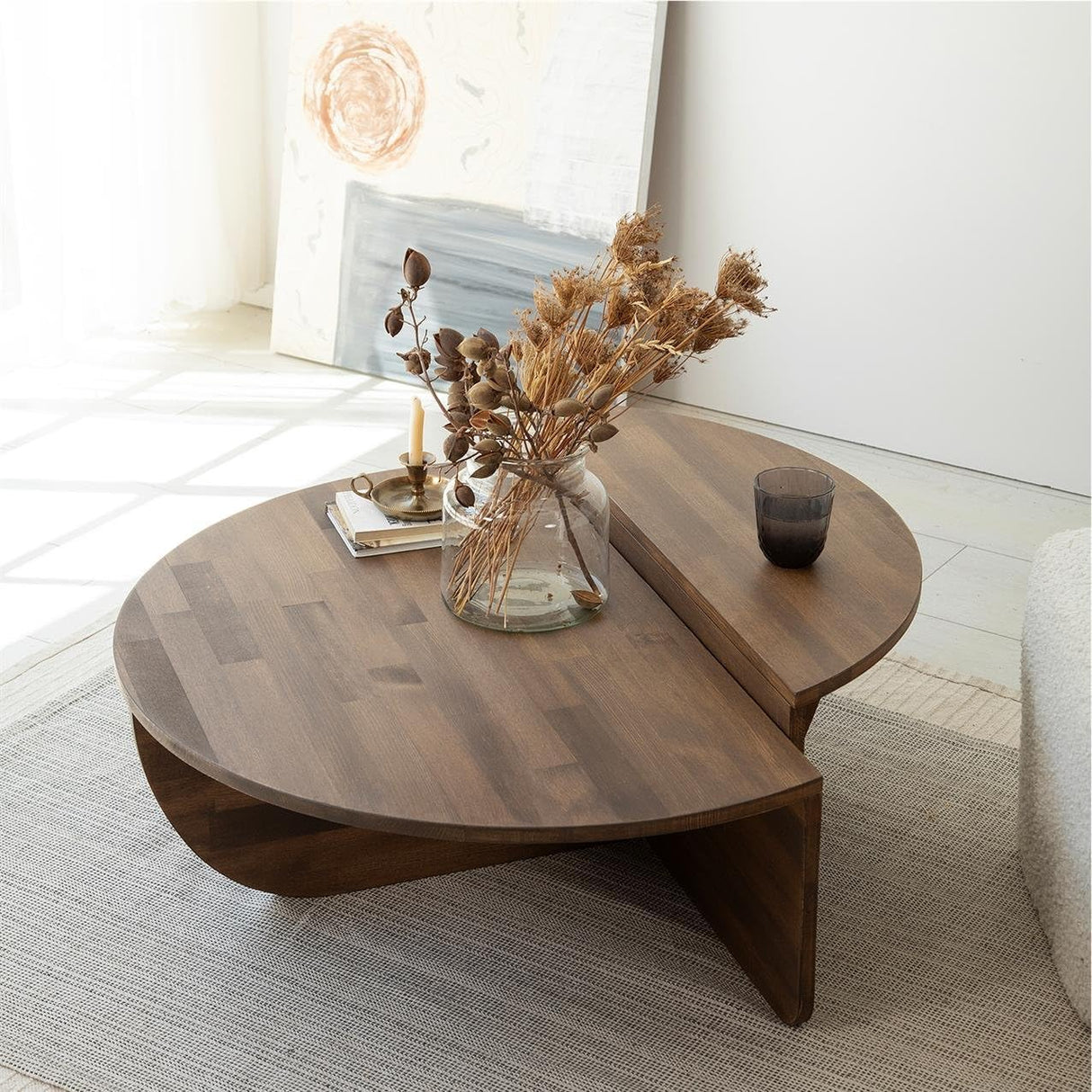 FAWdecor Modern Solid Wood Coffee Table, Round Wood Center Table, Unique Nesting Coffee Tables, Mid Century Aesthetic Low Coffee Table (Walnut) FAWdecor