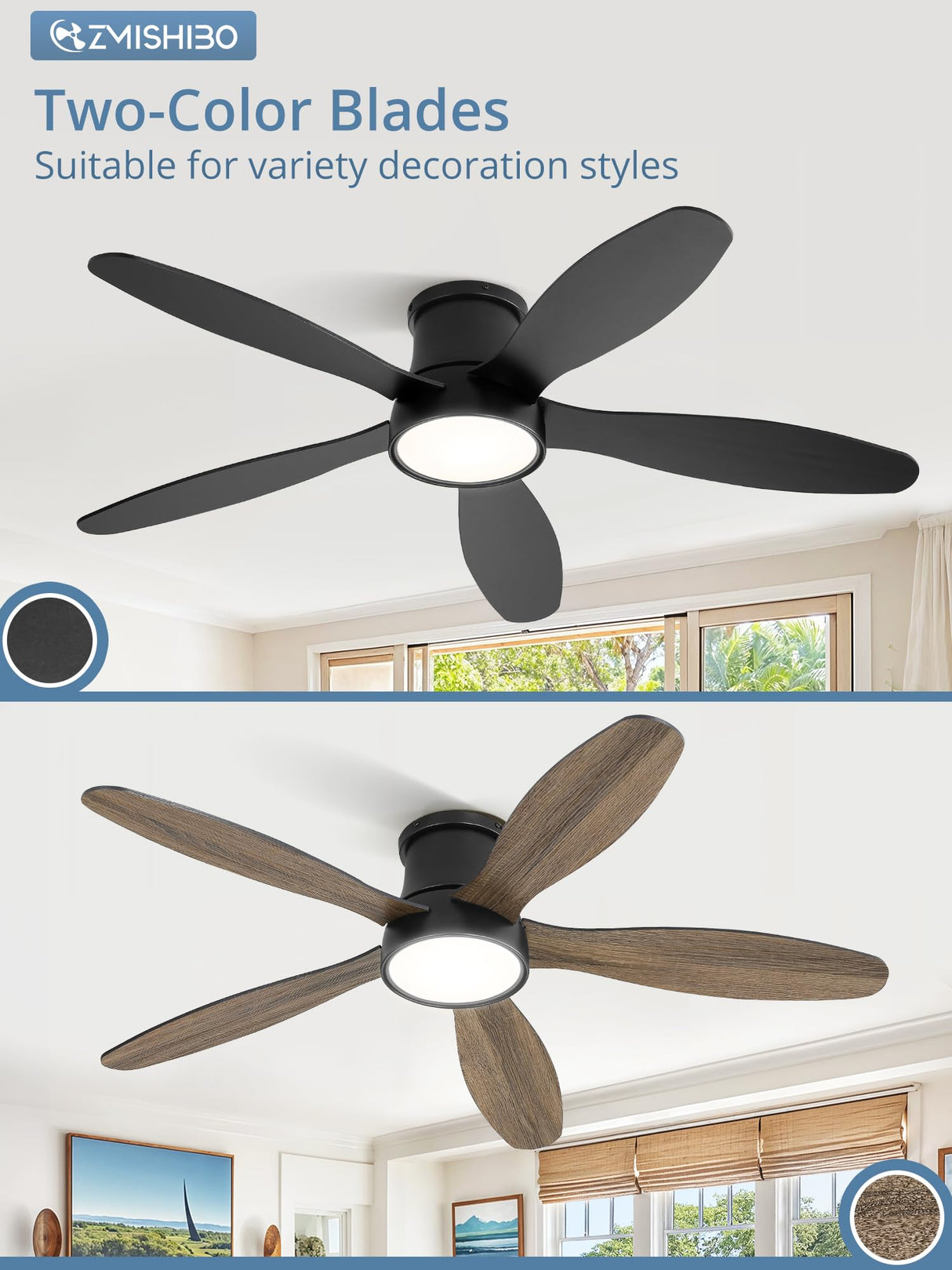 ZMISHIBO 52 Inch Ceiling Fans with Lights, Flush Mount Low Profile Ceiling Fan with Remote, Reversible, 3CCT, Noiseless, LED Ceiling Fan Lighting Fixture for Bedroom, Kitchen, Indoor-Black ZMISHIBO