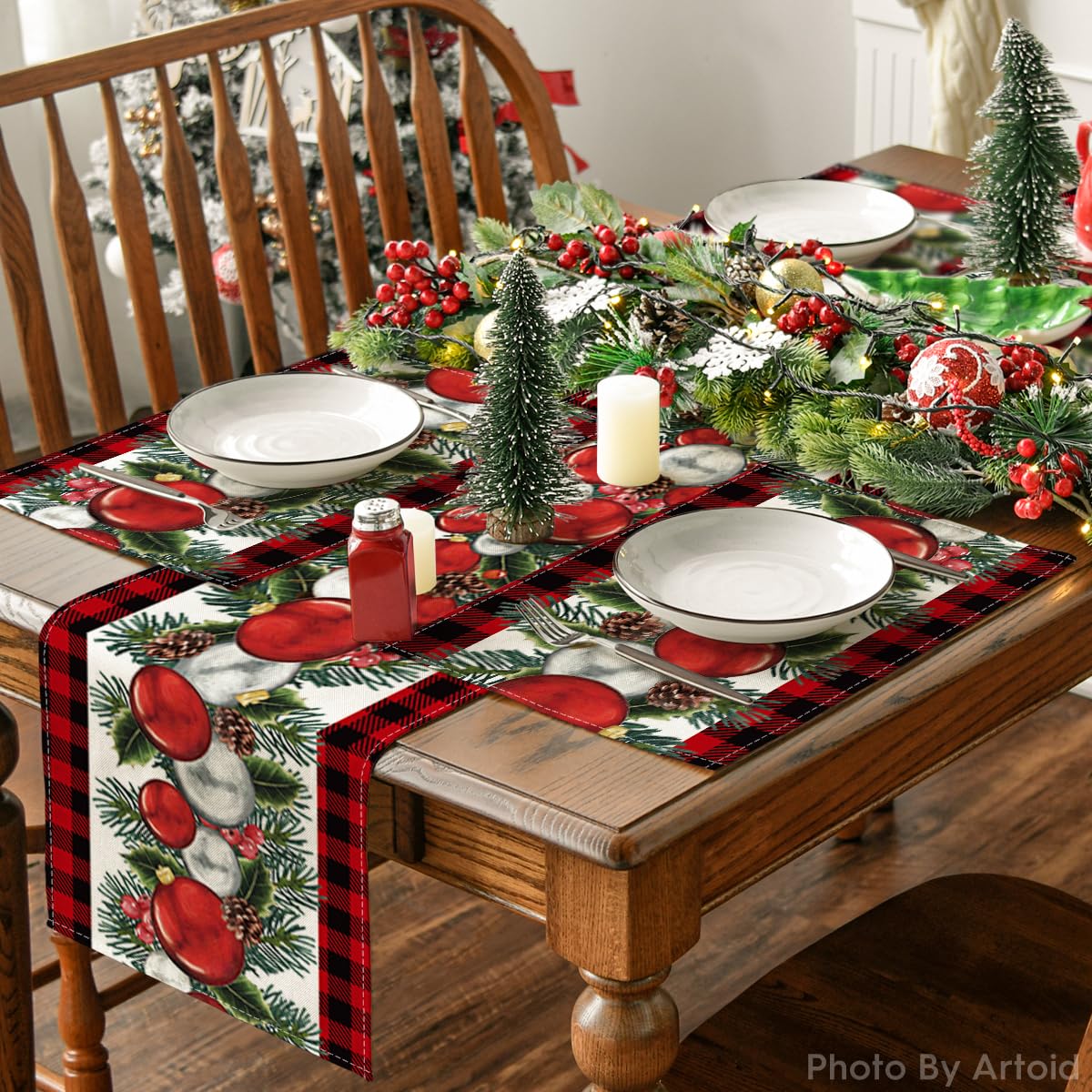 Artoid Mode Red Black Buffalo Plaid Holly Pine Cones Christmas Balls Placemats Set of 4, 12x18 Inch Seasonal Winter Table Mats for Party Kitchen Dining Decoration Artoid Mode