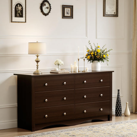 JUMMICO Dresser for Bedroom, 6 Wood Dresser Drawers, Wide Chest of Drawers, Storage Tower Unit, Modern Design for Bedroom, Living Room, Hallway, Entryway (Dark Brown) JUMMICO