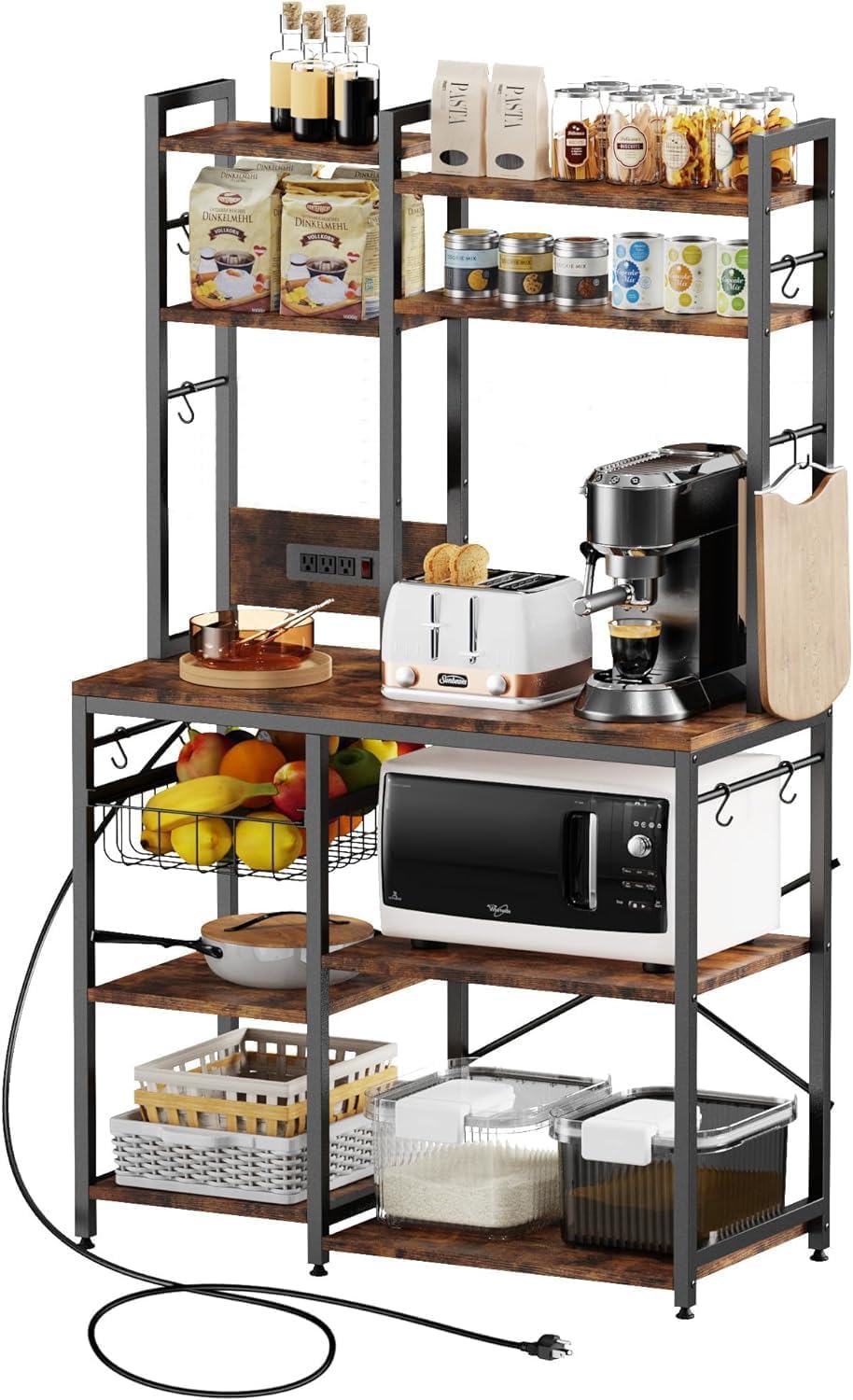 Standing Kitchen Baker’s Rack, Bakers Rack with Power Outlet, 6-Tier Microwave Stand, Coffee Bar with 12 S-Shaped Hooks, Kitchen Shelf with Storage, Coffee Bar Station, for Rustic Brown Cheersstar
