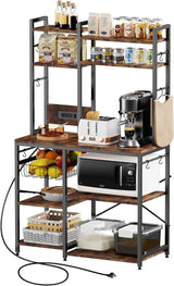 Standing Kitchen Baker’s Rack, Bakers Rack with Power Outlet, 6-Tier Microwave Stand, Coffee Bar with 12 S-Shaped Hooks, Kitchen Shelf with Storage, Coffee Bar Station, for Rustic Brown Cheersstar