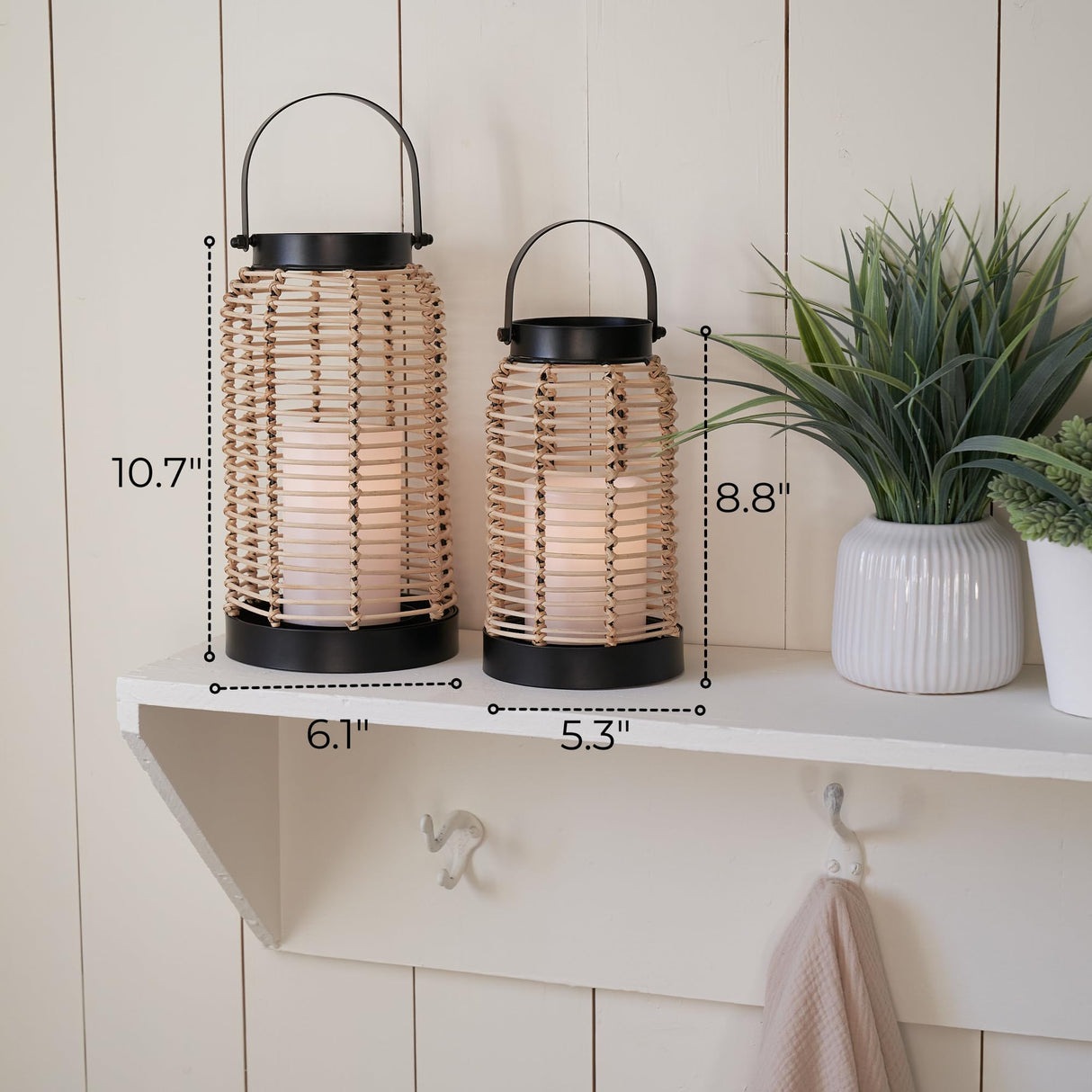 Natural Rattan Boho Lanterns - Handcrafted Decor to Enhance Every Corner of Your Home - Modern Farmhouse Beauty Perfect for Any Living Room, Indoor Coffee Table or Kitchen Dining Table KIBAGA