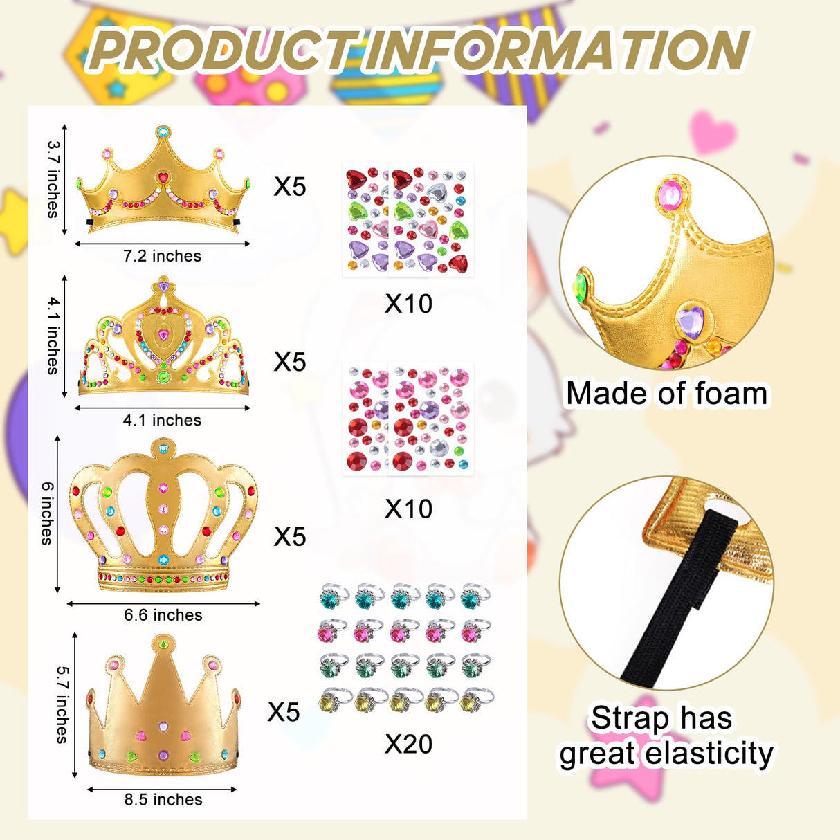 60 Pieces Gold Foam Crowns Princess Crown Craft Diy Princess Tiaras Crowns with Diamond Sticker Gem Rings Making Crown Kits for Birthday Party Favor Supplies PLUVAVA
