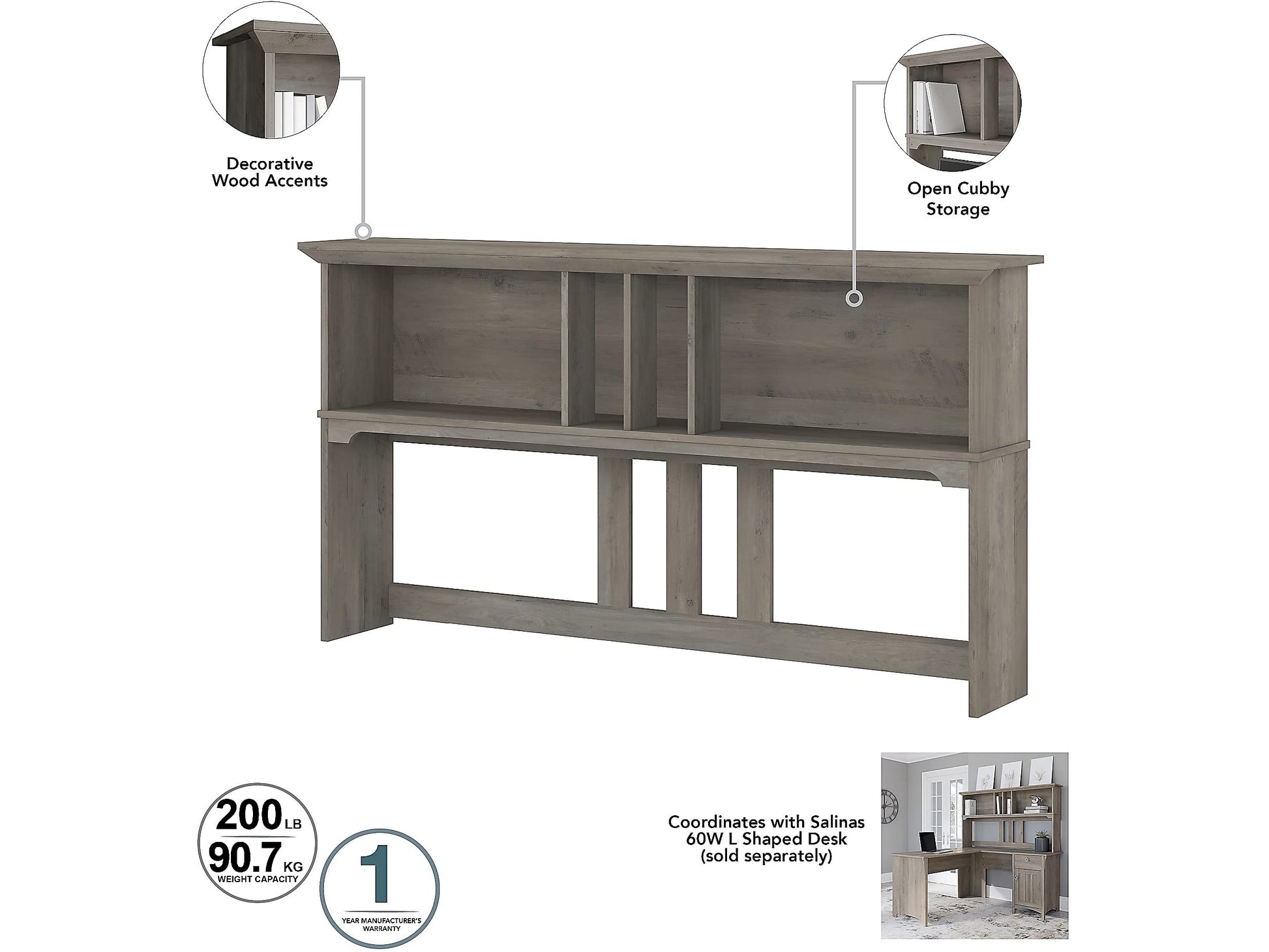 Bush Business Furniture Salinas 60W Desk Hutch in Driftwood Gray - Stylish Storage Solution for Home Office - WoodArtSupply