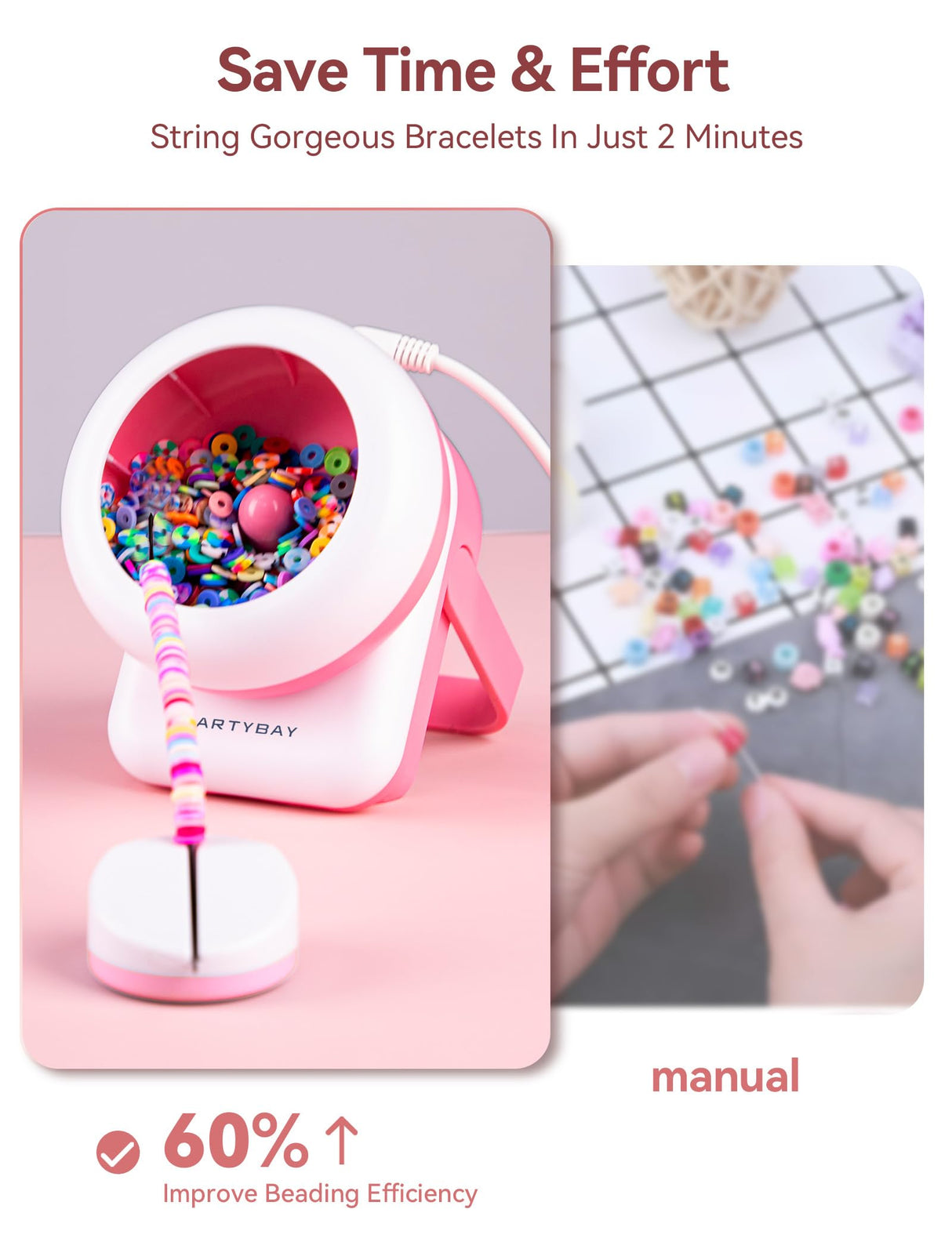 Electric Bead Spinner for Jewelry Making, Clay Bead Spinner [Forward/Reverse Rotation, Adjustable/Fast Speed] with 2 Big Eye Needles, Beading Supplies for Bracelets, Necklaces, Waist Beads-Pink heartybay