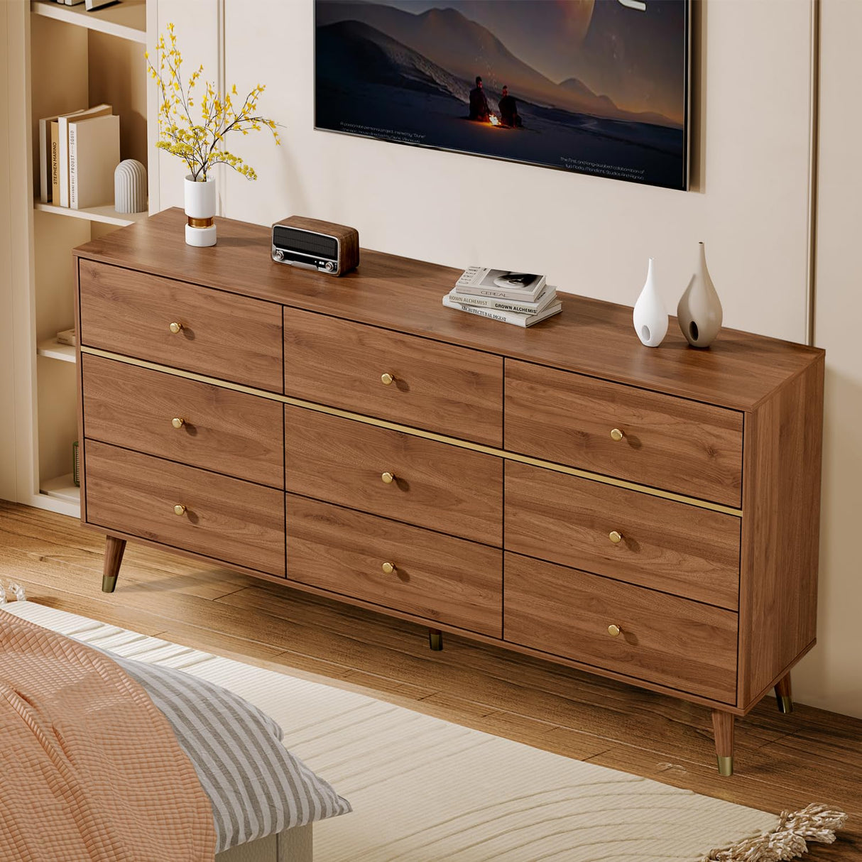 Chrangmay 9 Drawer Dresser,63" Wide Mid Century Modern Chest of Drawers,Wooden Bedroom Drawer Dresser with 9 Storage Drawers for Bedroom, Living Room,with Anti-Tipping Device,Walnut Chrangmay