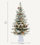 DWVO 4.5 FT Potted Slim Pre-lit Flocked Arctic Fir Pencil Tree, Potted Christmas Tree with 11 Red Hollies, 358 PE & PVC Branch Tips, and 100 Lights for Home and Office Decor DWVO