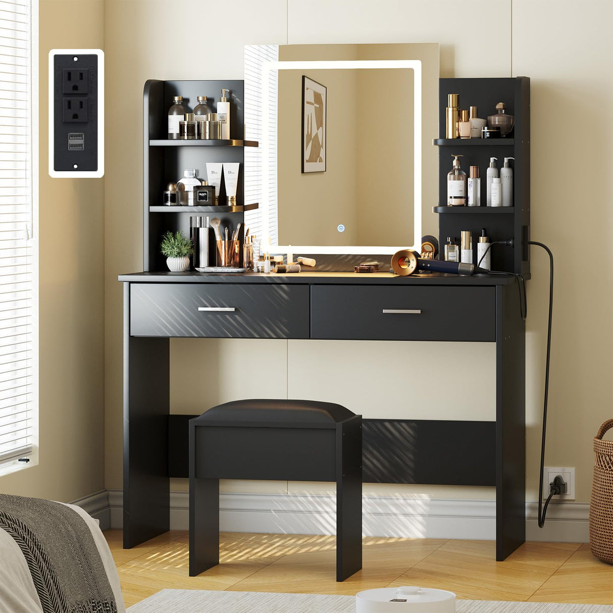 Patikuin Vanity Desk with Lighted Mirror, Makeup Vanity Set with Power Outlet, Cushioned Stool, Vanity Table with 6 Storage Shelves, 2 Large Drawers and 3 Color Light Adjustable Brightness, Black Patikuin