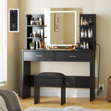 Patikuin Vanity Desk with Lighted Mirror, Makeup Vanity Set with Power Outlet, Cushioned Stool, Vanity Table with 6 Storage Shelves, 2 Large Drawers and 3 Color Light Adjustable Brightness, Black Patikuin