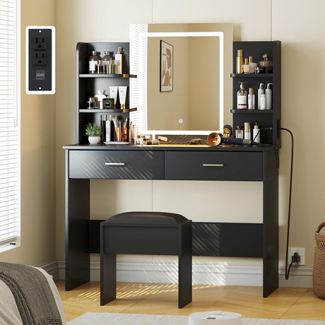 Patikuin Vanity Desk with Lighted Mirror, Makeup Vanity Set with Power Outlet, Cushioned Stool, Vanity Table with 6 Storage Shelves, 2 Large Drawers and 3 Color Light Adjustable Brightness, Black Patikuin