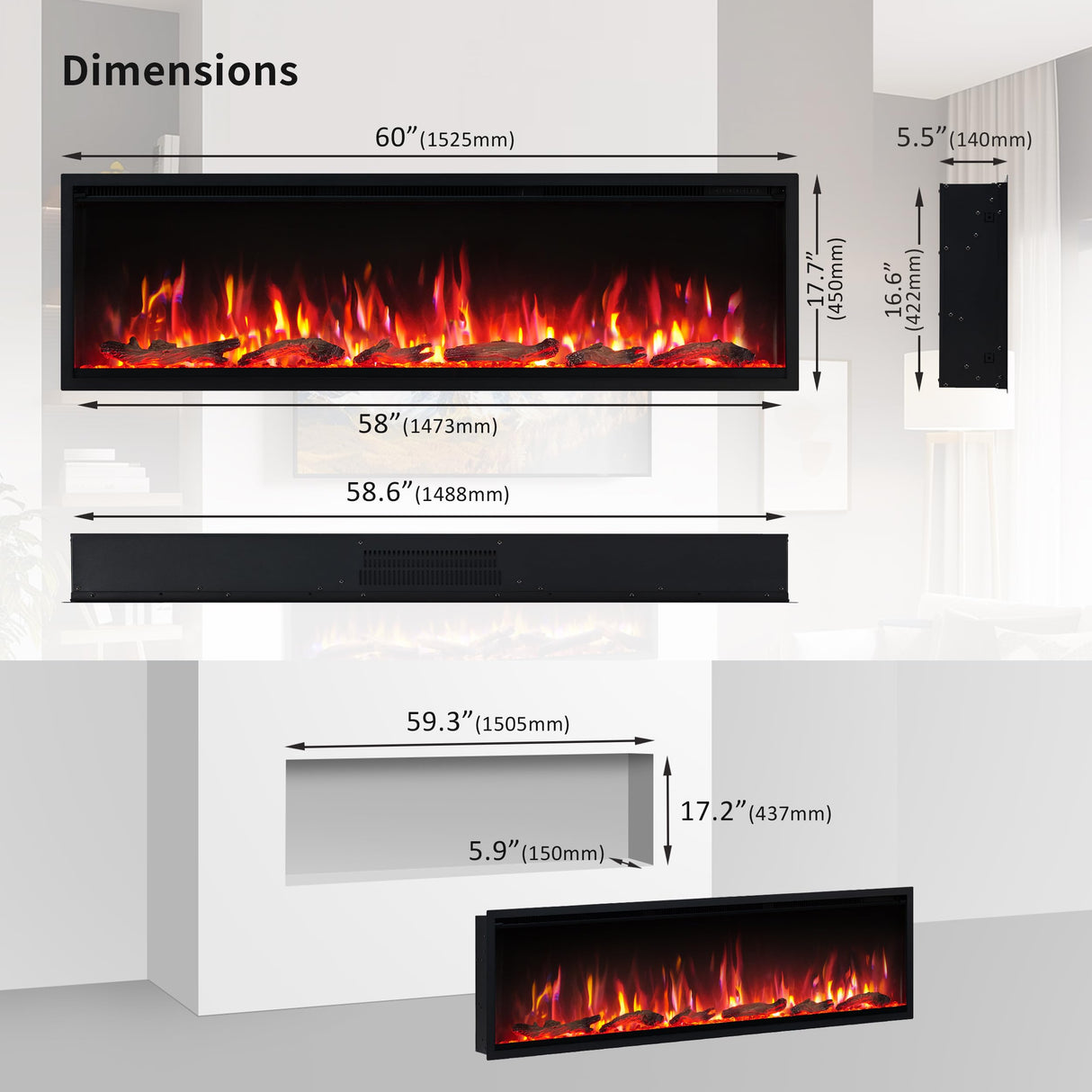 PuraFlame Herman 60 Inch Smart Linear Electric Fireplace - Premium Flame with 9 Colors, Clean Design, Recessed in-Wall or Wall-Mount or Free Standing, Compatible with Alexa and Google Assistant PuraFlame