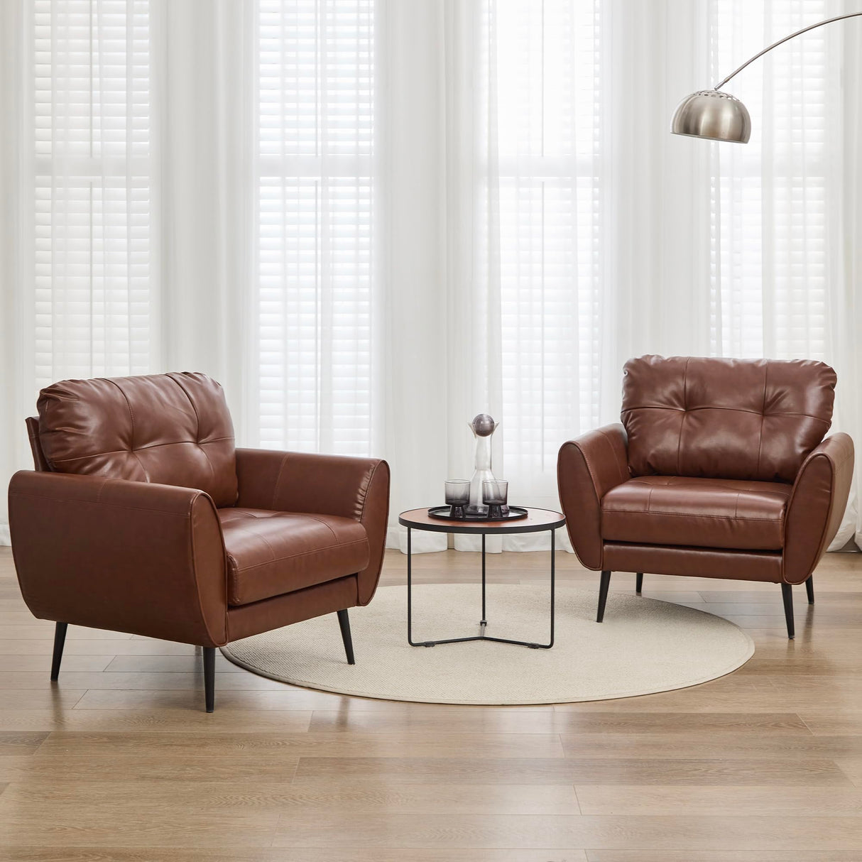 TYBOATLE Accent Chairs Set of 2, Comfy Modern Living Room Brown Leather Reading Accent Chairs Tufted Mid Century Arm Chair Small Salon Chair for Office Bedroom (2, Brown) TYBOATLE