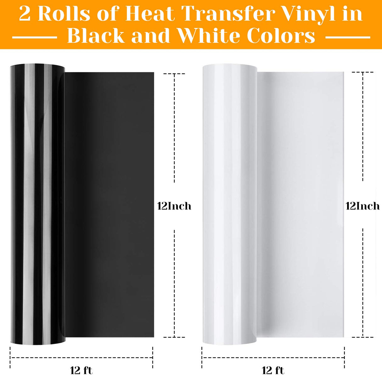 12" x 24ft Heat Transfer Vinyl Rolls, Flasoo 2 Rolls Black and White HTV Iron on Vinyl for Shirts, Compatible with Cricut, Cameo, Heat Press Machines, Sublimation (12 Inches by 12 Feet Per Roll) Flasoo