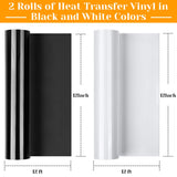 12" x 24ft Heat Transfer Vinyl Rolls, Flasoo 2 Rolls Black and White HTV Iron on Vinyl for Shirts, Compatible with Cricut, Cameo, Heat Press Machines, Sublimation (12 Inches by 12 Feet Per Roll) Flasoo