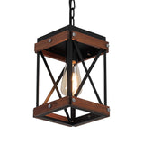 Fivess Lighting Rustic Farmhouse Pendant Light with Wood and Metal Cage, One-Light Adjustable Chains Industrial Mini Pendant Lighting Fixture for Kitchen Island Cafe Bar, Black Fivess Lighting